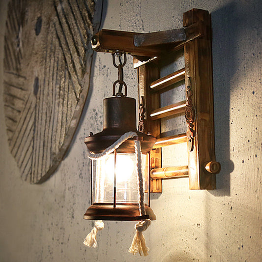 Frendorf | Antieke Koperen Cilinder Wandverlichting Vintage Duidelijk Glas 1 Lichts Porch Sconces Licht met Kooi en Houten Achterplaat
