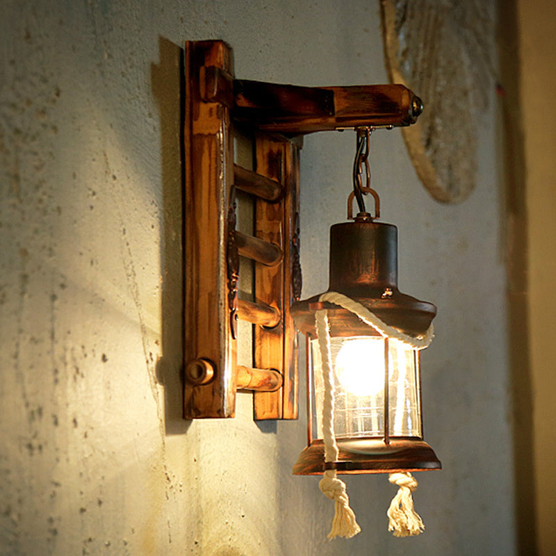 Frendorf | Antieke Koperen Cilinder Wandverlichting Vintage Duidelijk Glas 1 Lichts Porch Sconces Licht met Kooi en Houten Achterplaat