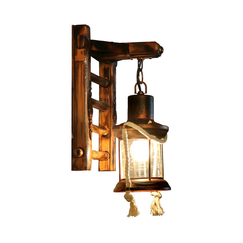 Frendorf | Antieke Koperen Cilinder Wandverlichting Vintage Duidelijk Glas 1 Lichts Porch Sconces Licht met Kooi en Houten Achterplaat