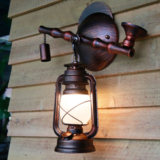Frendorf | Opal Glas Lantaarn Wandlamp Kust 1 Licht Eetkamer Verlichtingsarmatuur in Antiek Koper met Pijp