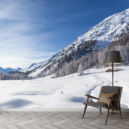 Blau-Weiße Schneestraßen Wandmalereien Berglandschaft Modern Wasserfeste Wanddekoration für das Schlafzimmer