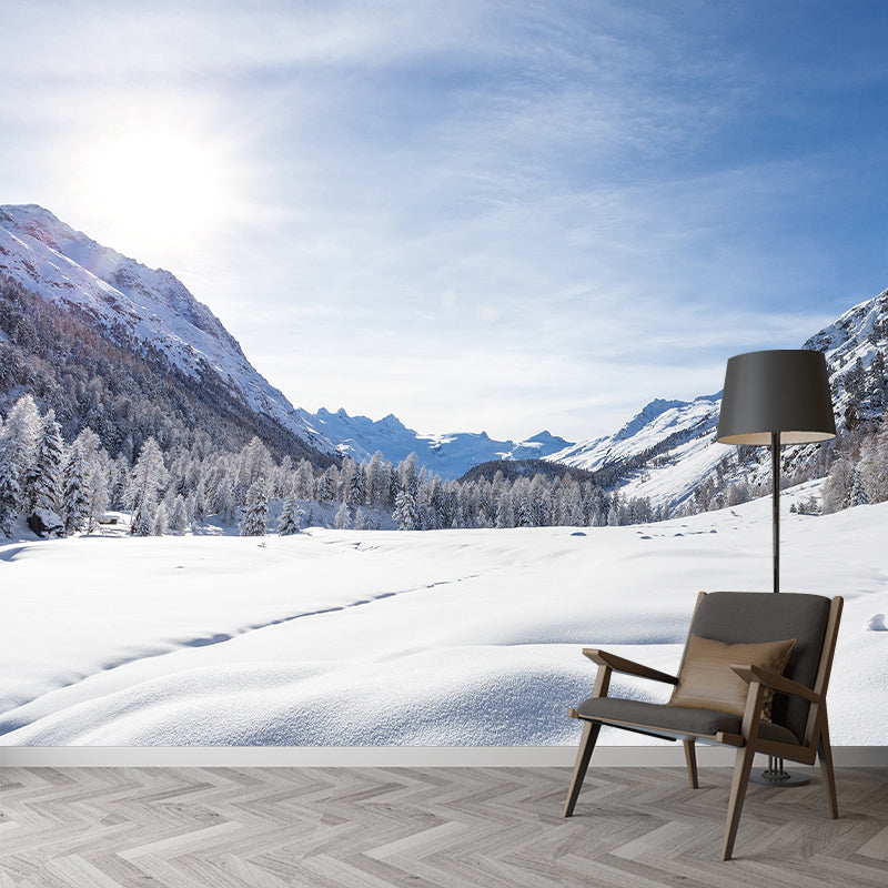 Blau-Weiße Schneestraßen Wandmalereien Berglandschaft Modern Wasserfeste Wanddekoration für das Schlafzimmer