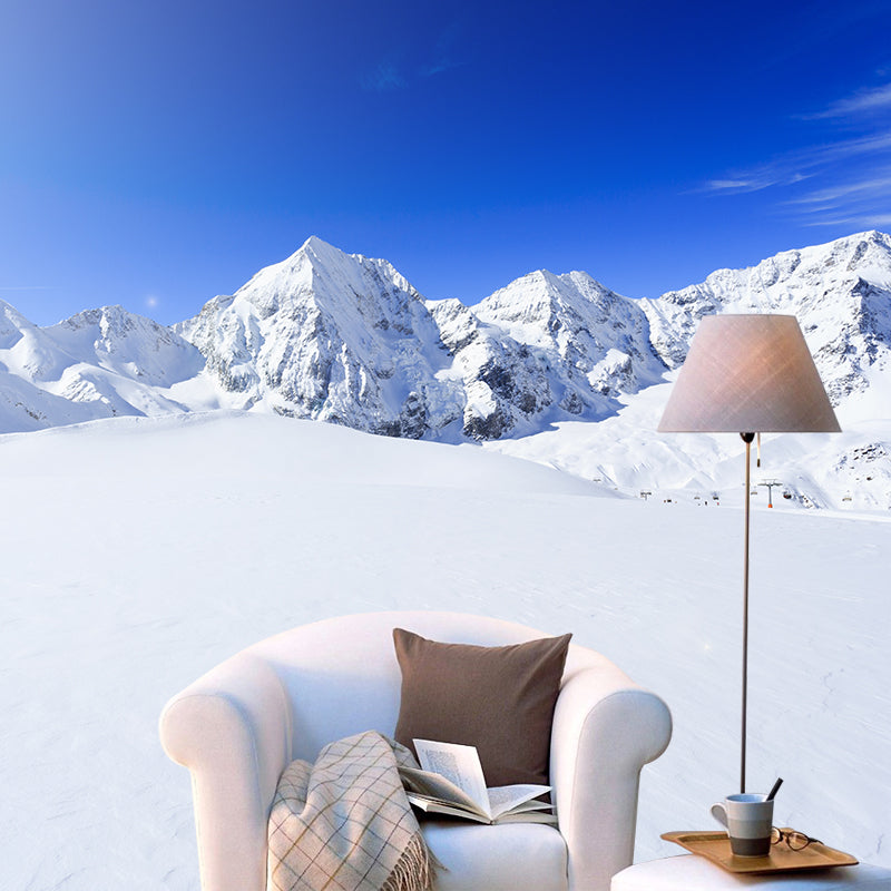 Frendorf | Blau-Weiß Modern Stil Wandtapete Groß Sonne über schneebedecktem Berg Wandkunst für Wohnzimmer