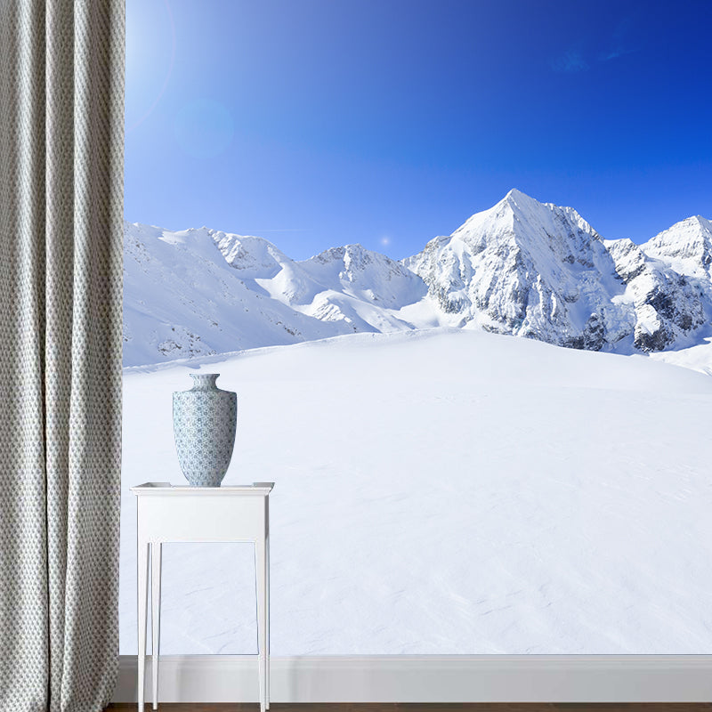 Frendorf | Blau-Weiß Modern Stil Wandtapete Groß Sonne über schneebedecktem Berg Wandkunst für Wohnzimmer