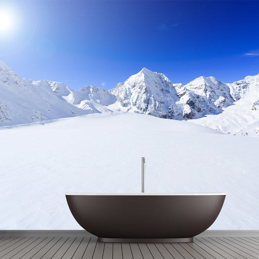 Frendorf | Blau-Weiß Modern Stil Wandtapete Groß Sonne über schneebedecktem Berg Wandkunst für Wohnzimmer