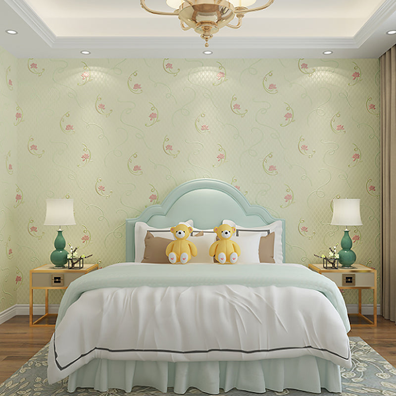Ländliche Blumen-Lotus-Tapetenrolle Sanfte Farbe Fleckenresistente Wandkunst für das Schlafzimmer