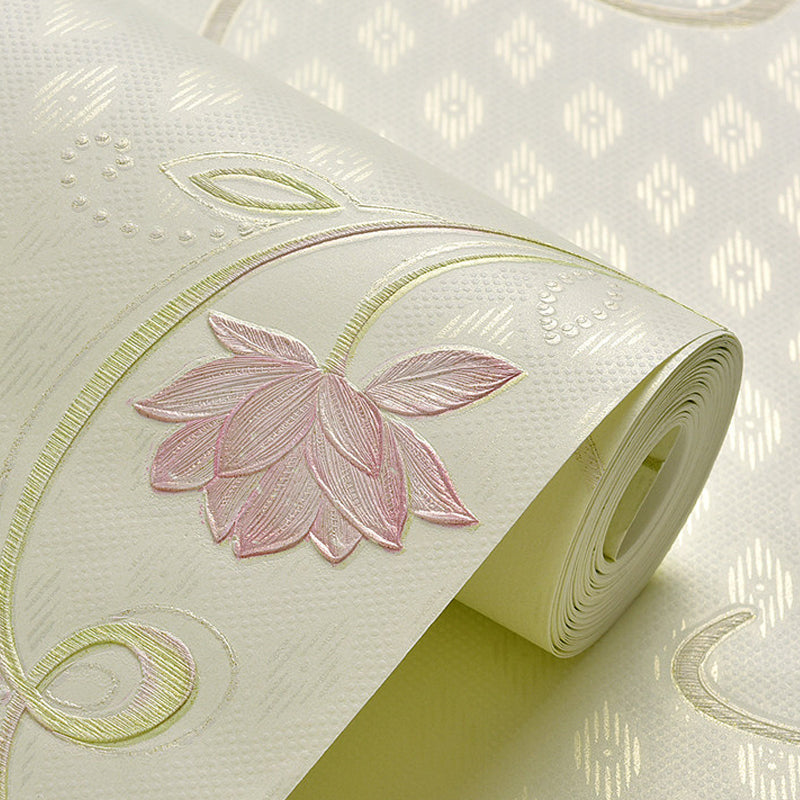 Ländliche Blumen-Lotus-Tapetenrolle Sanfte Farbe Fleckenresistente Wandkunst für das Schlafzimmer