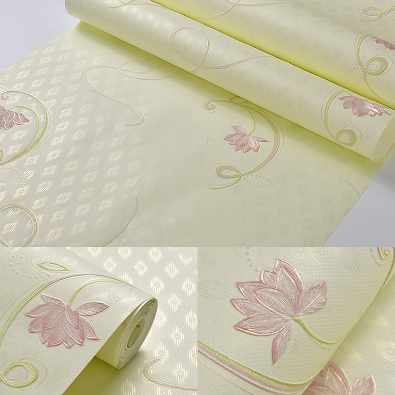 Ländliche Blumen-Lotus-Tapetenrolle Sanfte Farbe Fleckenresistente Wandkunst für das Schlafzimmer