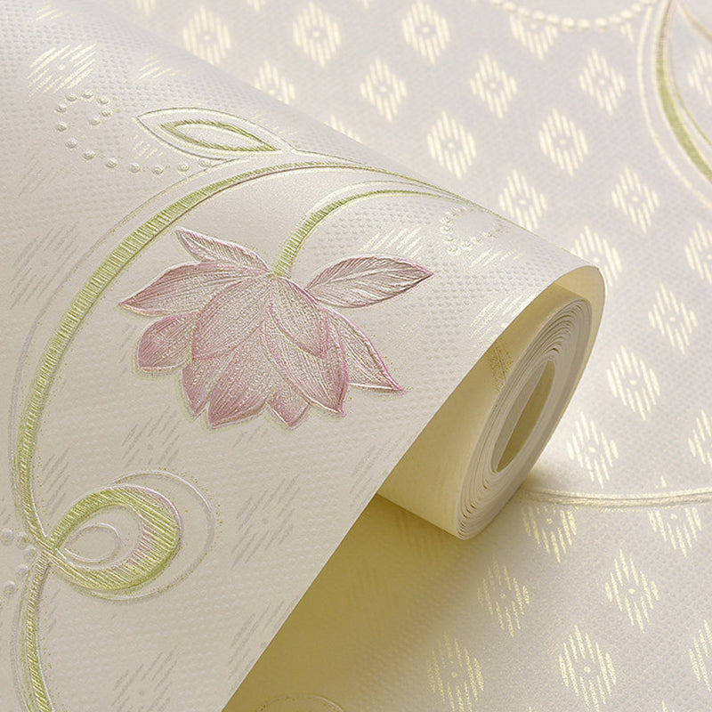 Ländliche Blumen-Lotus-Tapetenrolle Sanfte Farbe Fleckenresistente Wandkunst für das Schlafzimmer