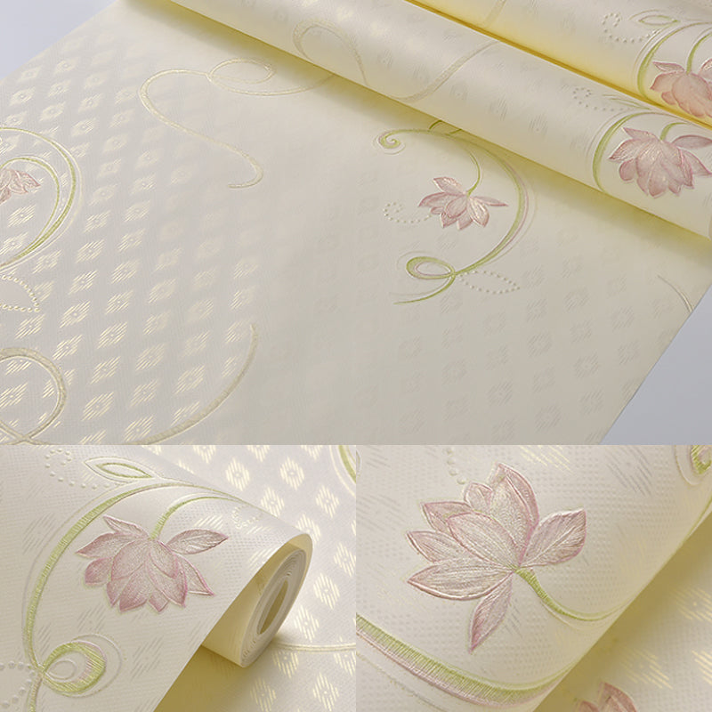 Ländliche Blumen-Lotus-Tapetenrolle Sanfte Farbe Fleckenresistente Wandkunst für das Schlafzimmer