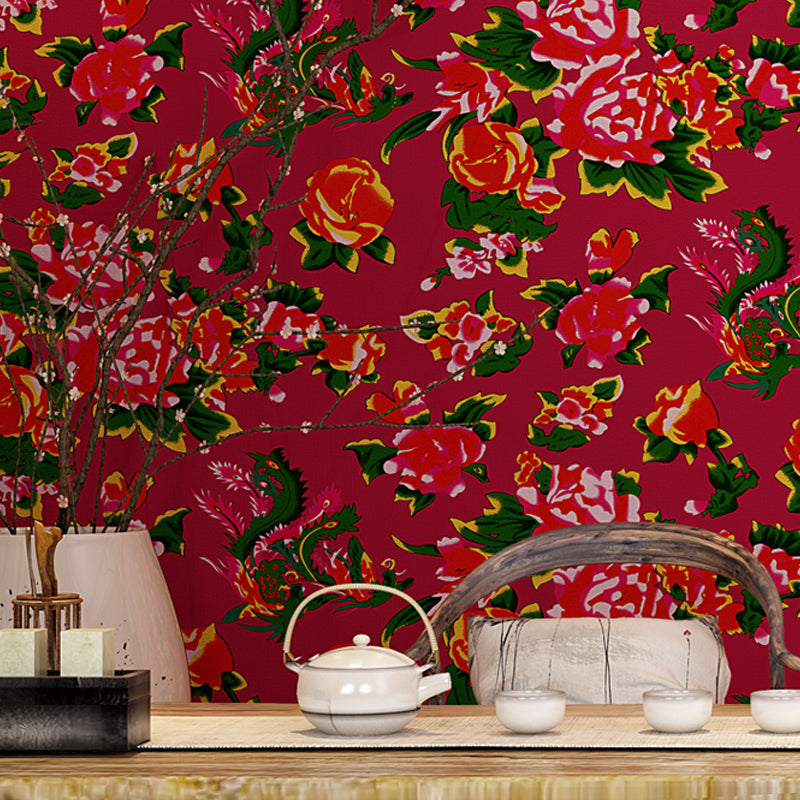 Große Pfingstrosenblüten Tapete Rustikal Waschbar Wohnzimmer Wandkunst, 33' L x 20,5" W