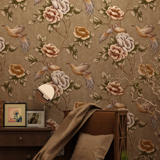 Vogel- und Pfingstrosen-Print-Tapete Dunkle Farbe Landhaus Wandbekleidung für Wohnzimmer