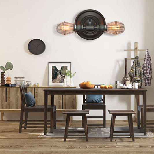 Frendorf | 2 Glühbirnen Wandmontierte Lampe mit Käfig Metallschirm Industrielle Esszimmer Wandbeleuchtung in Schwarz