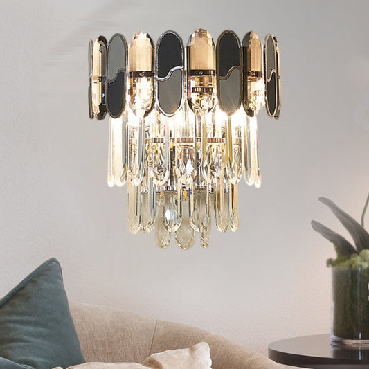 Frendorf | 2 Köpfe Flush Wandlampe zeitgenössische konische klare Kristall Wandlampe mit schwarzen und taupe Ornamenten