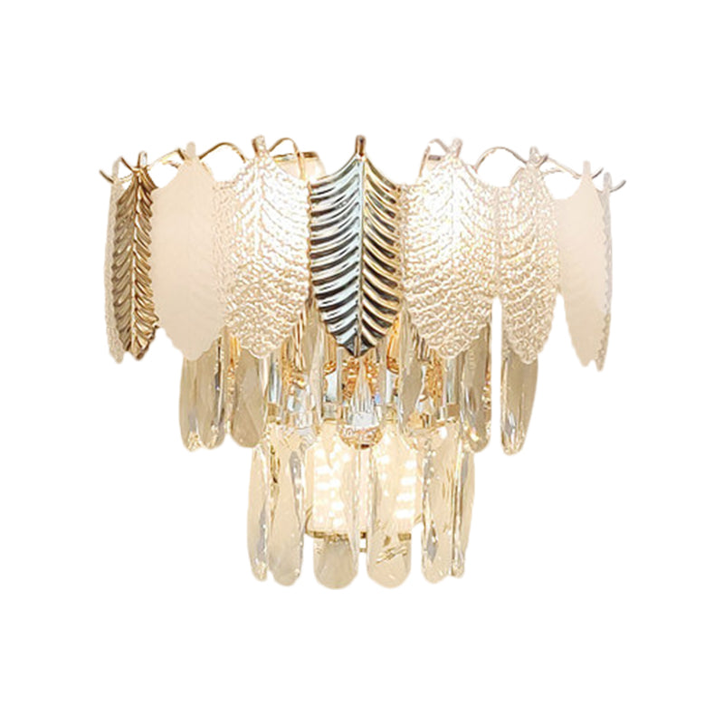 Frendorf | 3 Köpfe konische Wand Sconce Licht Moderne klare Kristall Wandlampe mit goldenen und Acrylblättern