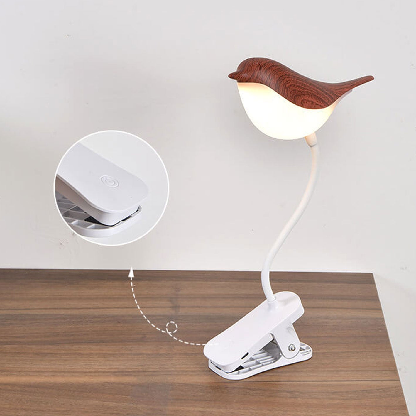 Frendorf | BrightBird Nordic LED Tischlampe | USB-Ladung | Nachtlicht mit Vogelclip | Modernes Design