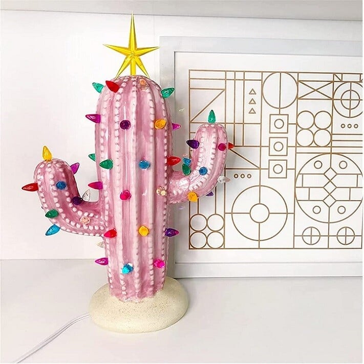 Frendorf Vintage Leuchtender Weihnachtskaktus | Keramik Deko mit bunten Lichtern und Retro-Charme