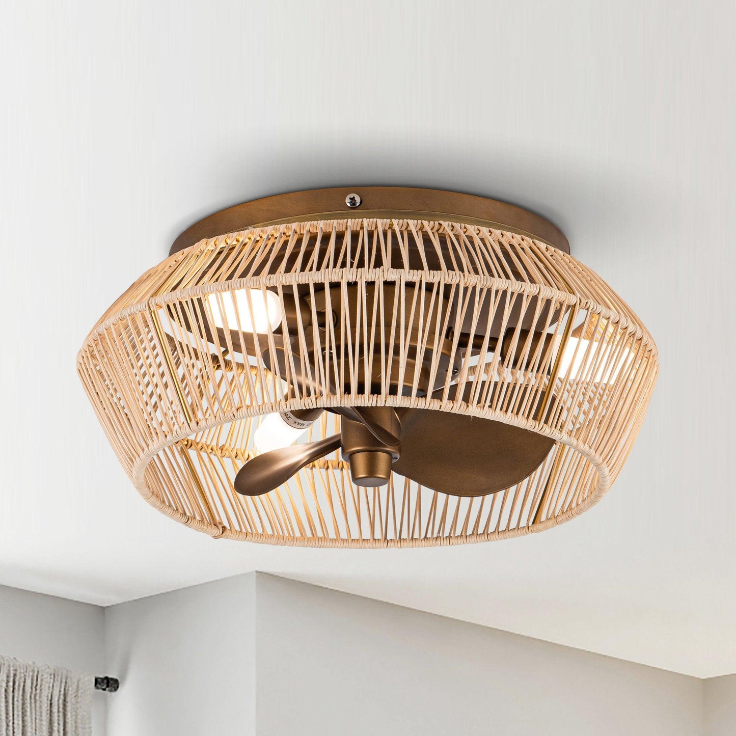 14" Farmhouse DC Motor Flush Mount Umkehrbarer Eisen-Deckenventilator mit LED-Beleuchtung und Fernbedienung