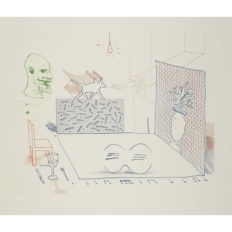 Frendorf | Große Skizze Wandtapeten für Schlafzimmer Hockney Kunst Wandverkleidung in Rot-Blau-Grün, Waschbar