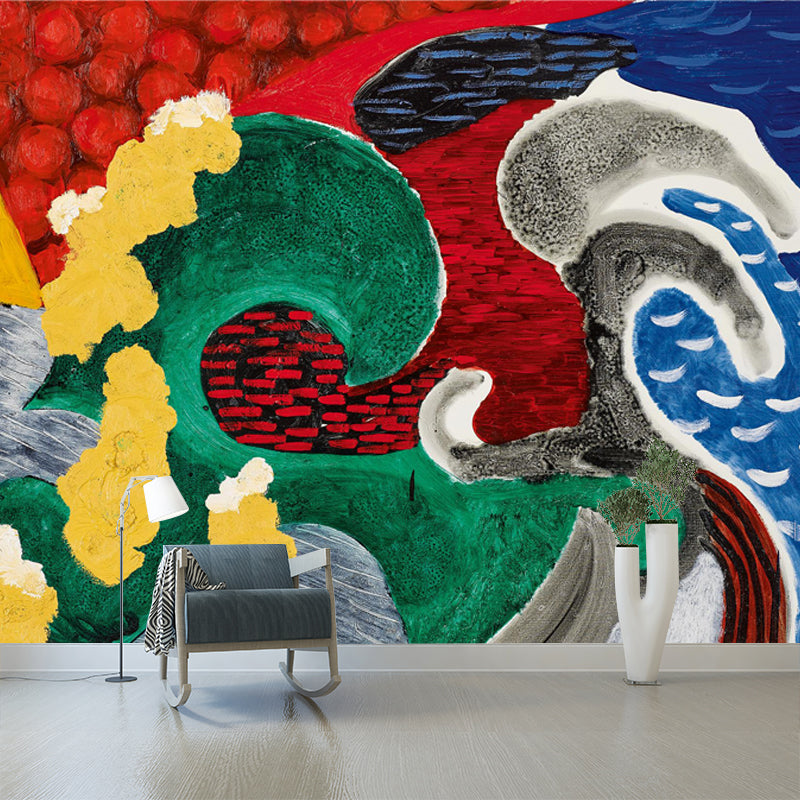 Frendorf | Art Deco die Welle Wandtapete Vlies Wasserfest Rot-Gelb-Blau-Grün Wandbekleidung für Zuhause