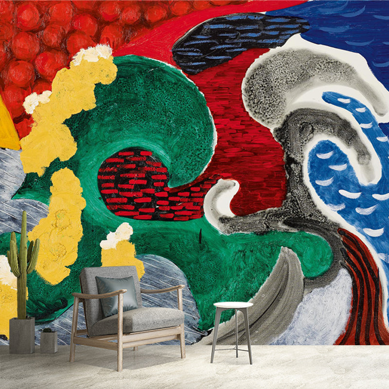Frendorf | Art Deco die Welle Wandtapete Vlies Wasserfest Rot-Gelb-Blau-Grün Wandbekleidung für Zuhause