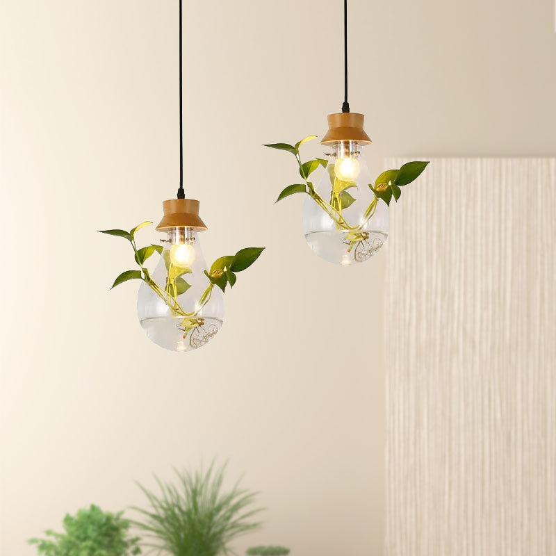 Exposed Bulb Esszimmer Hängelampe Kit Industrie Klar Glas 1 Licht Holz Pendelleuchte mit Kapuze