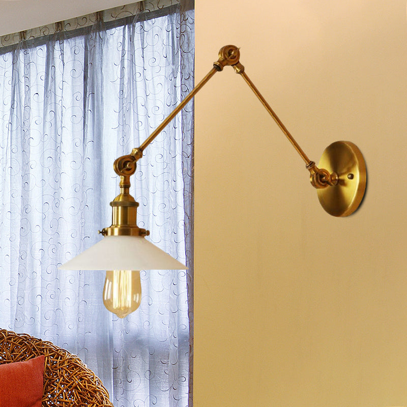 Frendorf | 1 Licht Schotel Schaduw Wandlamp Fixture Industriële Messing/Bronze Frosted Glas Wandlamp met Swing Arm