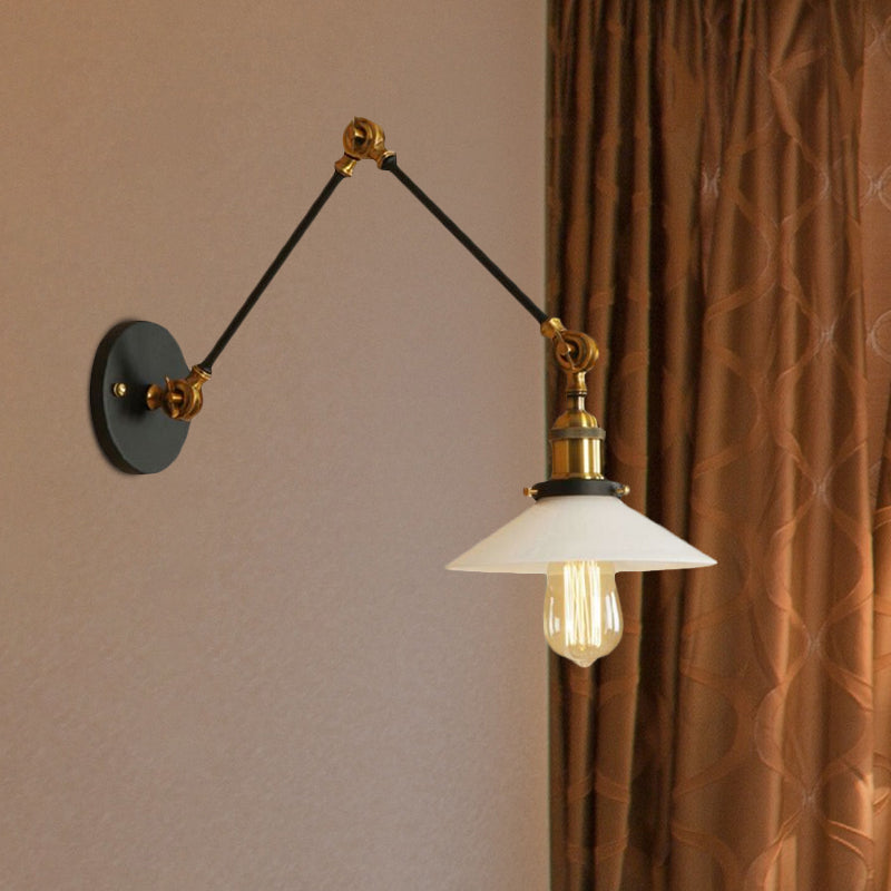 Frendorf | 1 Licht Schotel Schaduw Wandlamp Fixture Industriële Messing/Bronze Frosted Glas Wandlamp met Swing Arm