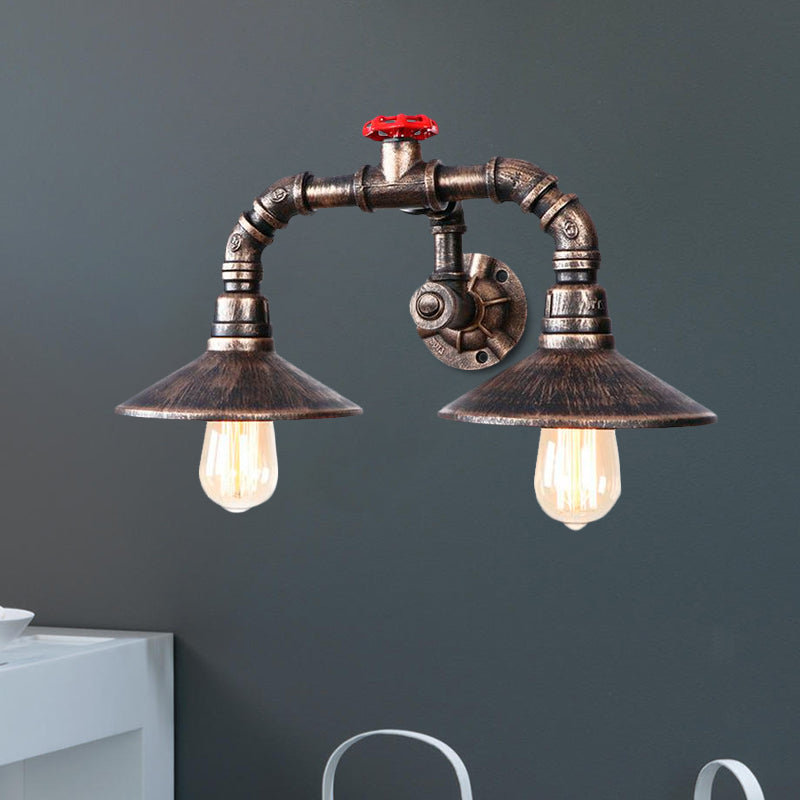 Frendorf | Kegelvormige Boerderij Wandlamp Fixture met Pijp en Klep Industriële Rustieke IJzer 2 Lichten Verweerd Brons Sconces Licht
