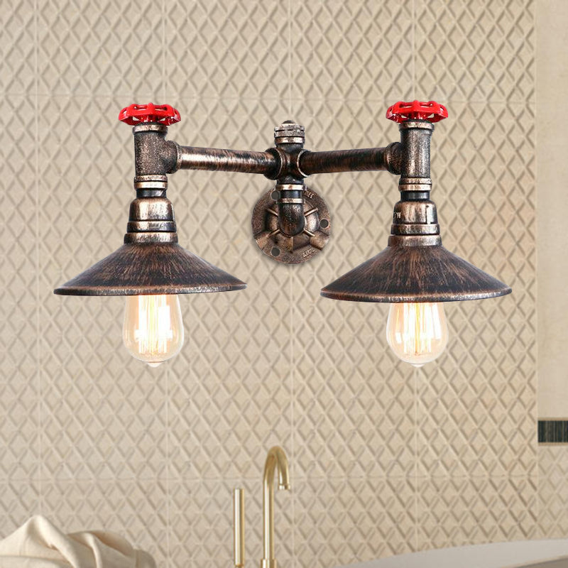 Frendorf | Verwitterd Brons 2 Lampen Wandmontage Licht Steampunk Smeedijzeren Conus Schaduw Wandlamp met Rode Ventiel