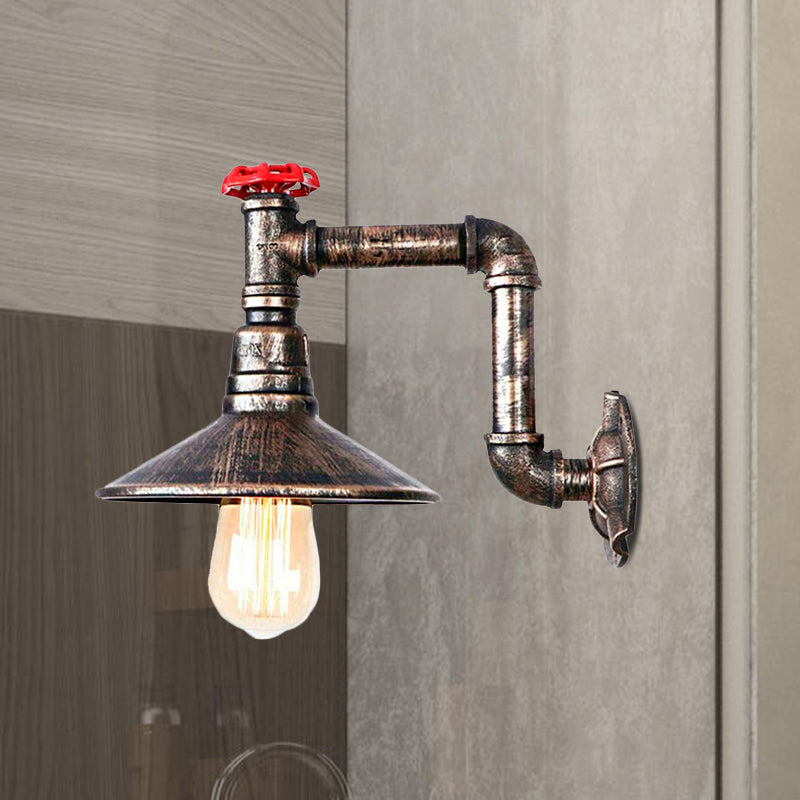 Frendorf | Eisen Wasserrohr Wandlampe mit Schirm Retro Vintage 1 Licht Balkon Wandleuchte Beleuchtung in gealtertem Bronze