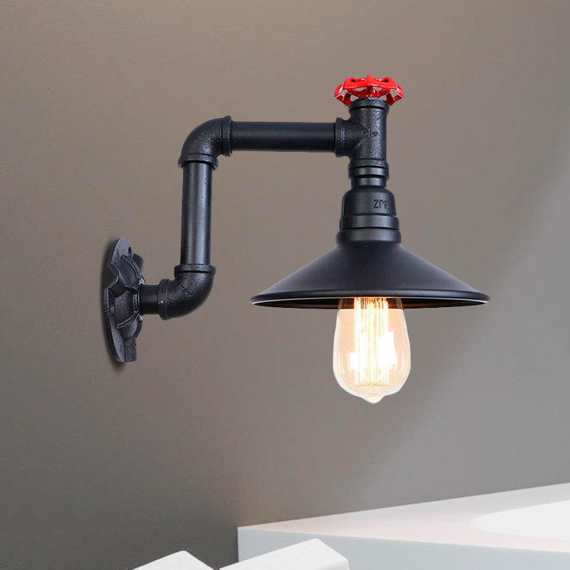 Frendorf | Metallisch schwarze Oberfläche Wand sconce Licht konische Shade 1 Licht industrielle Wand Licht Fixture mit Ventil Rad