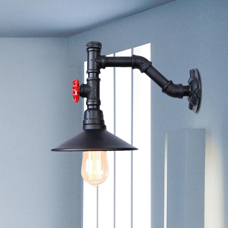 Frendorf | Warehouse Ausladende Wandlampe Sconces 1 Glühbirne Metallic Wandbeleuchtung mit Rohrleitung und rotem Ventil in Schwarz
