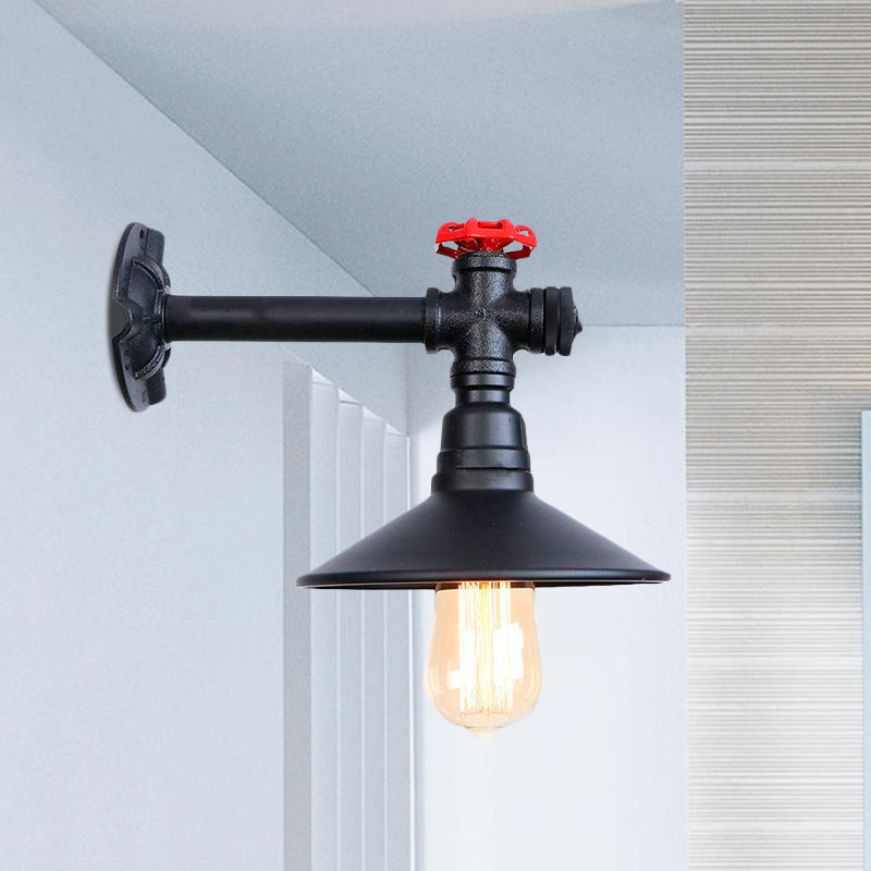 Frendorf | Industriële loodgietersbuis wandlamp met rode klep deco 1 licht metalen wandmontage lamp in zwart