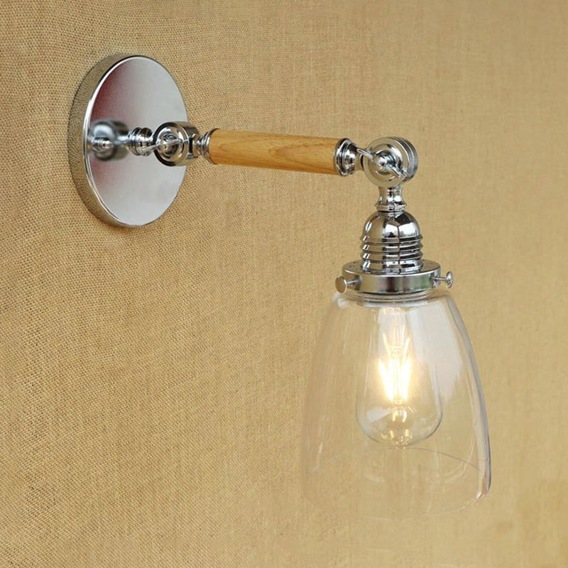 Frendorf | Einschichtiges Wandleuchten mit Domschirm Klarglas Industrielle Wohnzimmer Leuchte, 8"/4"/6" L Holzarm