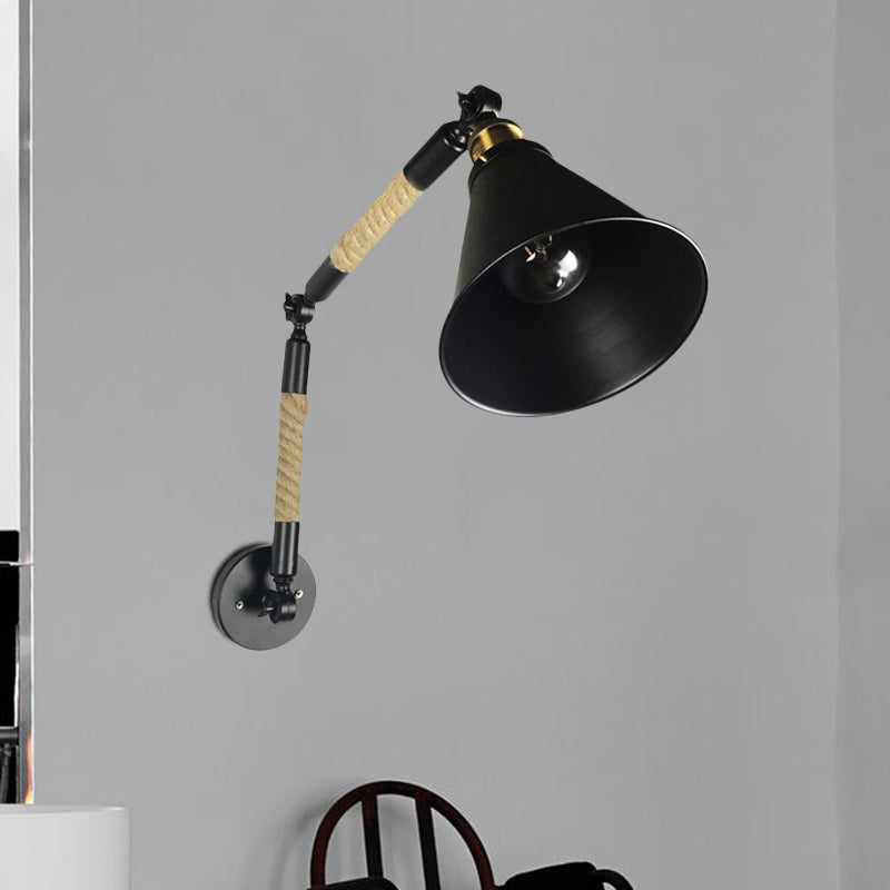 Frendorf | Cone Schlafzimmer Wandmontage Beleuchtung Vintage-Stil Metall und Seil 1 Glühbirne Schwarze Wandleuchte