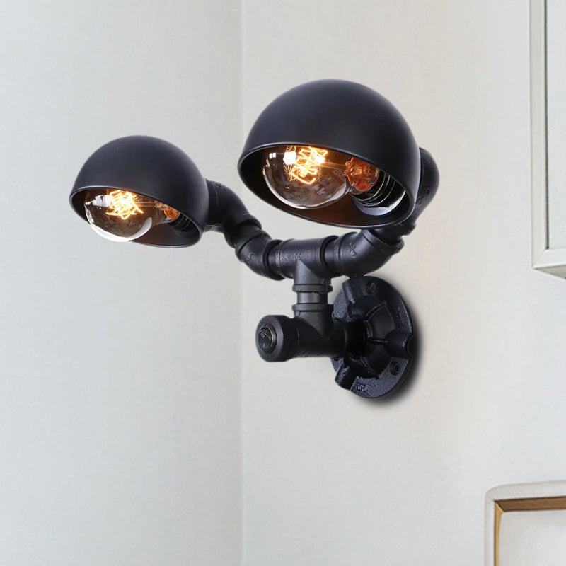 Frendorf | Schwarze 2-Glühbirnen-Wandleuchte Industriedesign Metall-Dom-Wandlampe mit Rohr für Flur