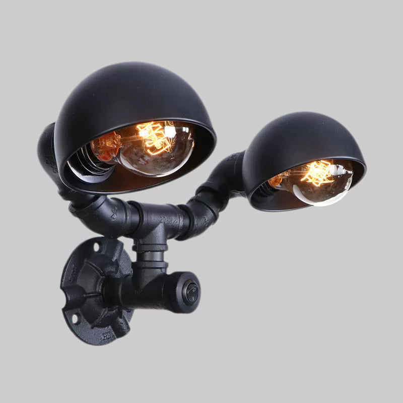 Frendorf | Schwarze 2-Glühbirnen-Wandleuchte Industriedesign Metall-Dom-Wandlampe mit Rohr für Flur