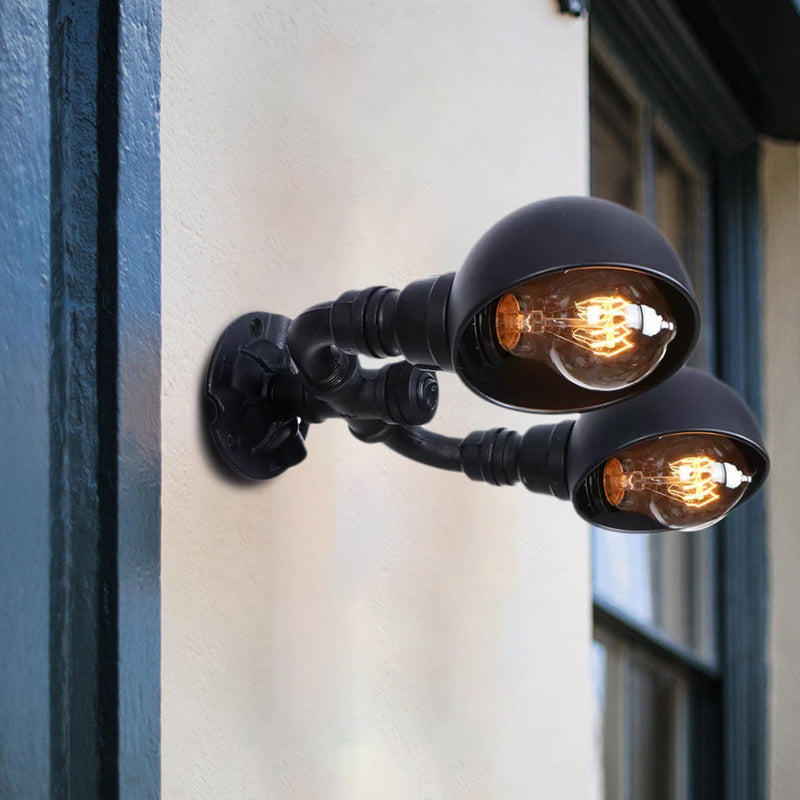 Frendorf | Schwarze 2-Glühbirnen-Wandleuchte Industriedesign Metall-Dom-Wandlampe mit Rohr für Flur