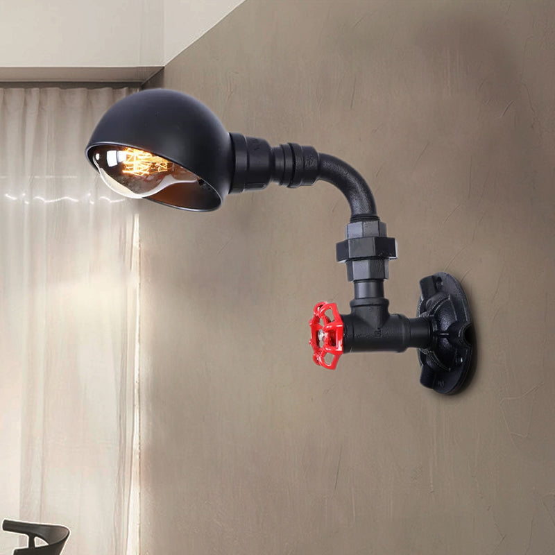 Frendorf | Zwarte Waterpijp Wandverlichting met Koepel Shade en Rode Klep Vintage IJzer 1 Lamp Trapwandarmatuur Licht