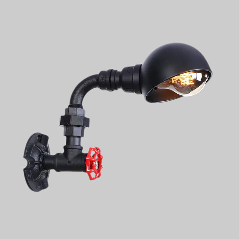 Frendorf | Zwarte Waterpijp Wandverlichting met Koepel Shade en Rode Klep Vintage IJzer 1 Lamp Trapwandarmatuur Licht