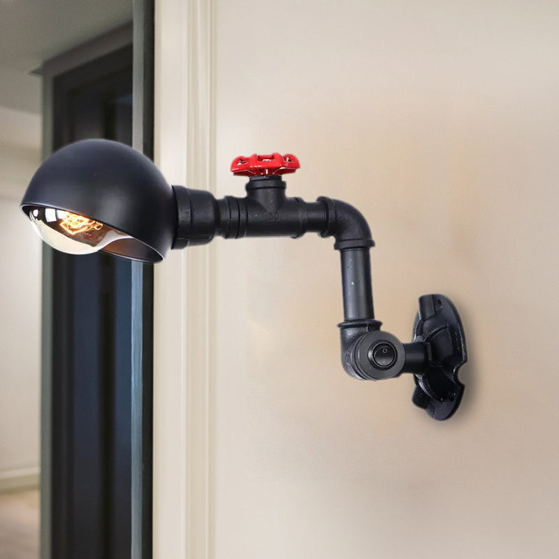 Frendorf | Vintage Style Pipe Wandlamp Sconces met Koepelkap en Ventielwiel 1 Licht Metaal Wandarmatuur in Zwart