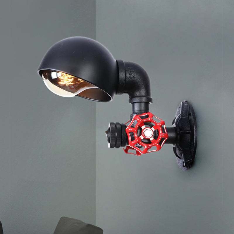 Frendorf | Vintage Style Pipe Wandlamp Sconces met Koepelkap en Ventielwiel 1 Licht Metaal Wandarmatuur in Zwart