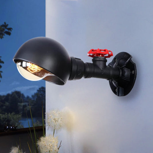 Frendorf | Industrieel Stijl Half Global Wandlamp 1 Licht Metalen Wandarmatuur met Rode Klepdecoratie in Zwart