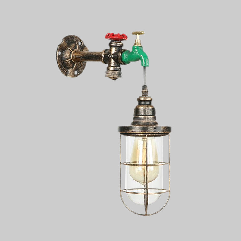 Frendorf | Faucet Design Metall Wandlampe Steampunk Stil 1 Glühbirne Balkon Wandleuchte mit Drahtschutz in Antikbronze