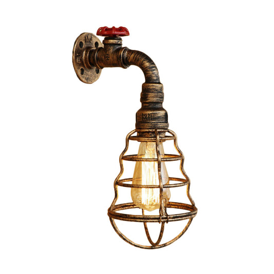 Frendorf | 1 Kopfkäfig Glühbirnenförmige Wandlampe Bauernhausstil Alter Bronze Eisen Wandlicht mit Ventilrad