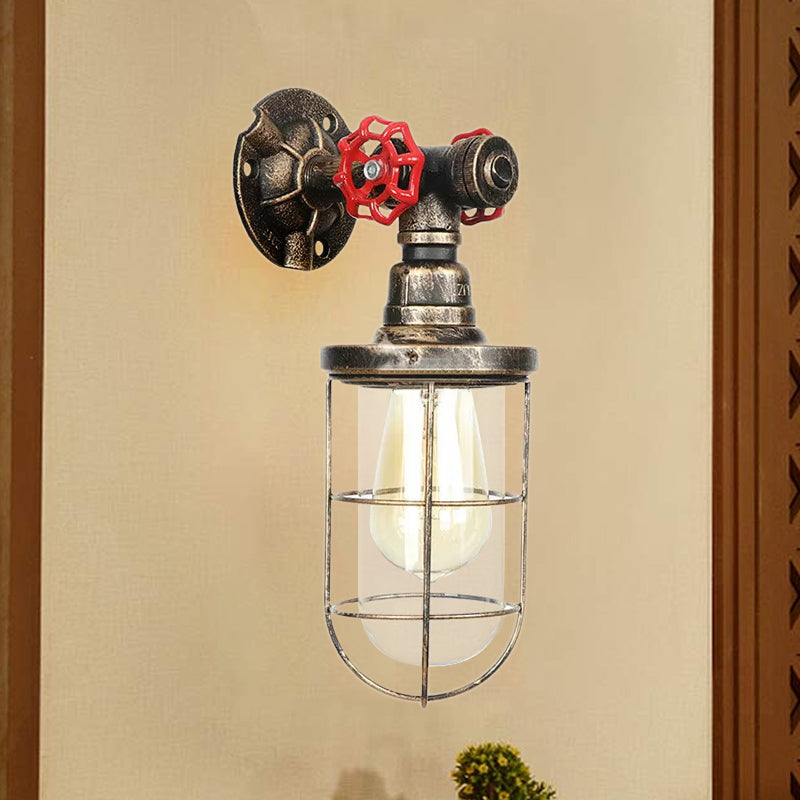 Frendorf | Draadbeschermer IJzeren Wandlamp met Waterpijp Rustieke Stijl 1 Licht Badkamer Wandlamp Fixture in Verouderd Messing