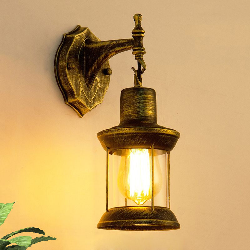 Frendorf | Ein E27 Wandlicht mit Petroleum-Schirm aus klarem Glas Traditionelle Außen-Wandleuchte in antikem Bronze