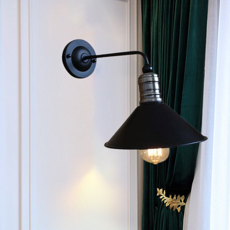 Frendorf | Metallische konische Wandbeleuchtung im Vintage-Stil 1 Glühbirne Schlafzimmer Wand-Wandleuchte mit gekrümmtem Arm in Schwarz