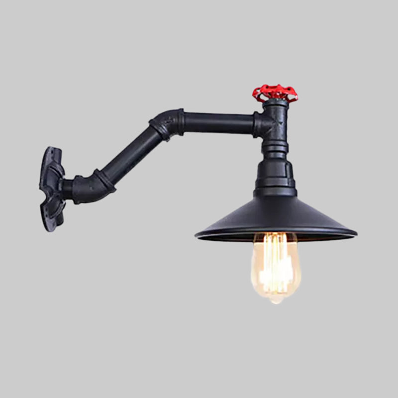 Frendorf | 1 Kopfrohr Wandlampe mit Kegelshade und Ventil Vintage Industrie Schwarz Metall Wandlampe Wandleuchte